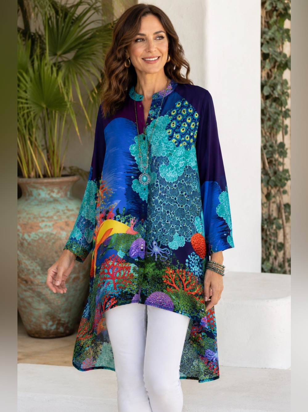 Avani del Amour Ocean Reef Tunic Blouse Viscose High Low Art Print M